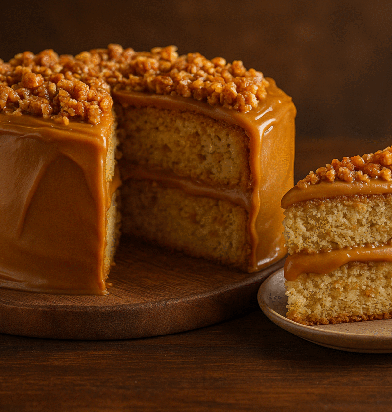 Bolo de amendoim e doce de leite com crocante, com fatia cortada mostrando as camadas cremosas.
