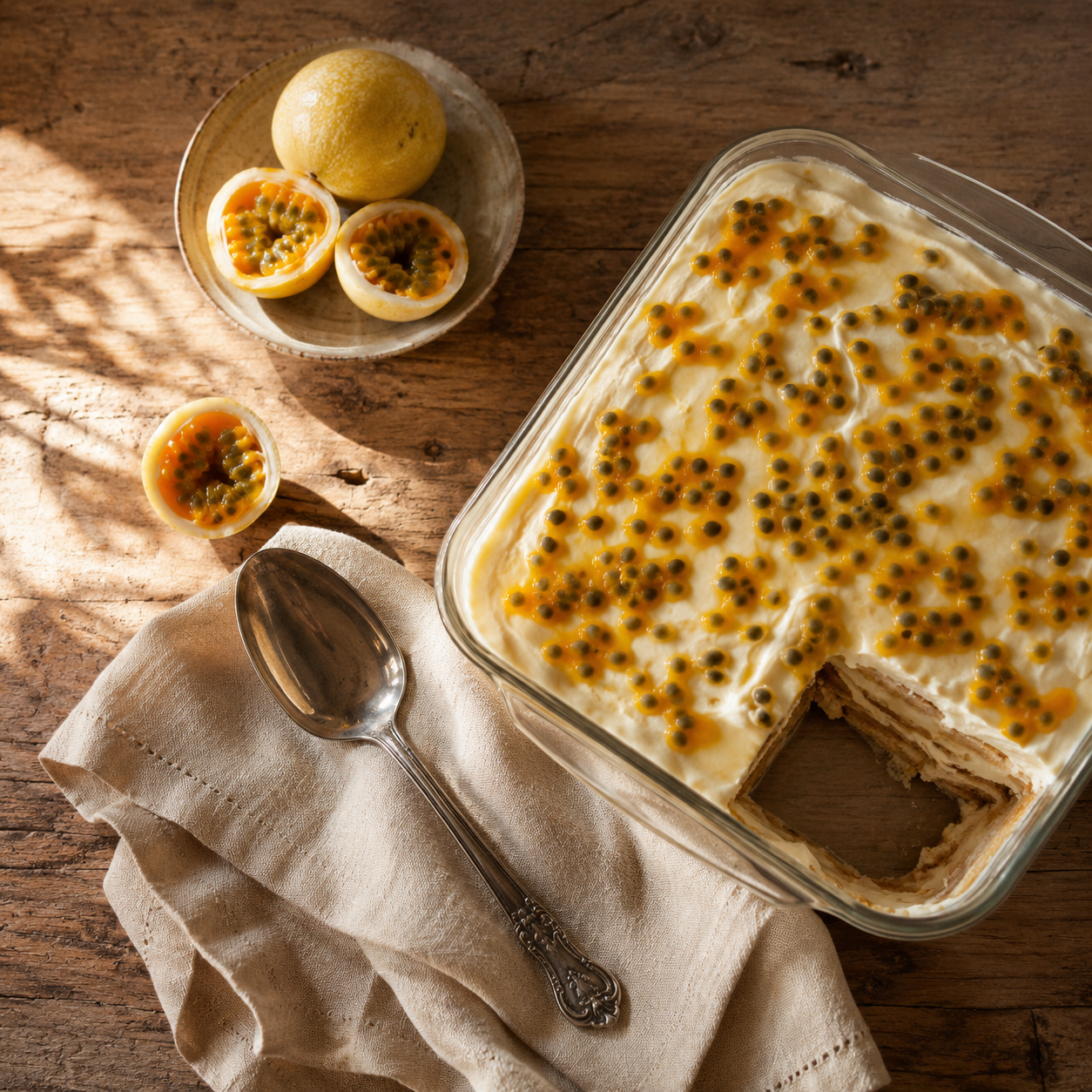 Doce de travessa de maracujá com colher vintage em mesa rústica — Cereja em Cima do Bolo