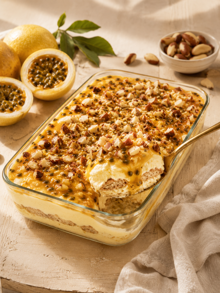 doce de travessa de maracujá com camadas de biscoito e creme sendo servido