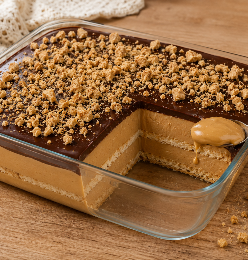 Pavê cremoso de paçoca com ganache de chocolate meio amargo em refratário de vidro com fatia removida mostrando as camadas