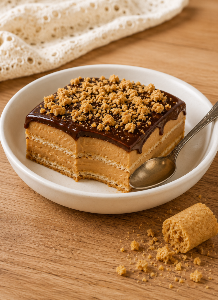 Porção de pavê cremoso de paçoca com ganache em prato mostrando camadas de creme e biscoito