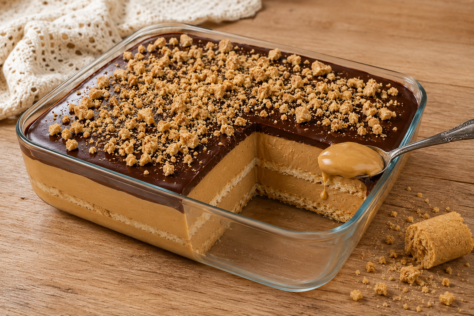 Pavê cremoso de paçoca com ganache de chocolate meio amargo em refratário de vidro com fatia removida mostrando as camadas